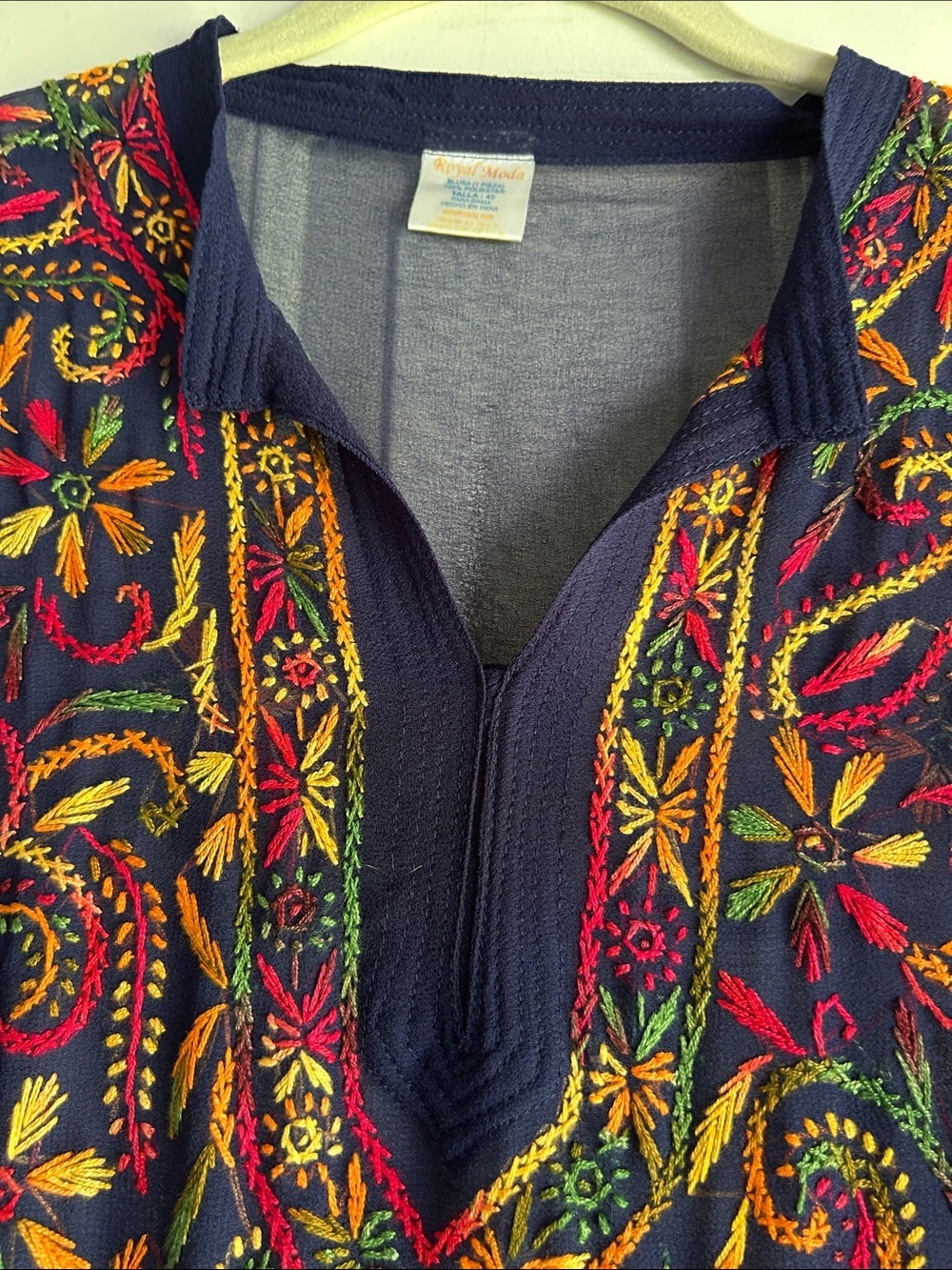 ROYAL MOTA SHEER NAVY BLUE TUNIC IS ADORNED WITH FLORAL & EMBROIDERED SZ 40 - Picture 2 of 12